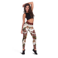 Cowboy Hawaii Mele Kalikimaka Leggings Paniolo Kukui Nut Pikake Lei Burgundy Version - Polynesian Pride