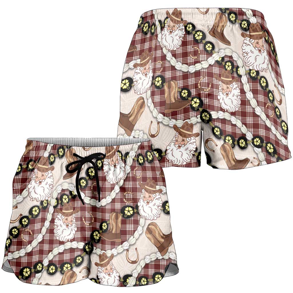 Cowboy Hawaii Mele Kalikimaka Shorts for Women Paniolo Kukui Nut Pikake Lei Burgundy Version LT14 - Polynesian Pride