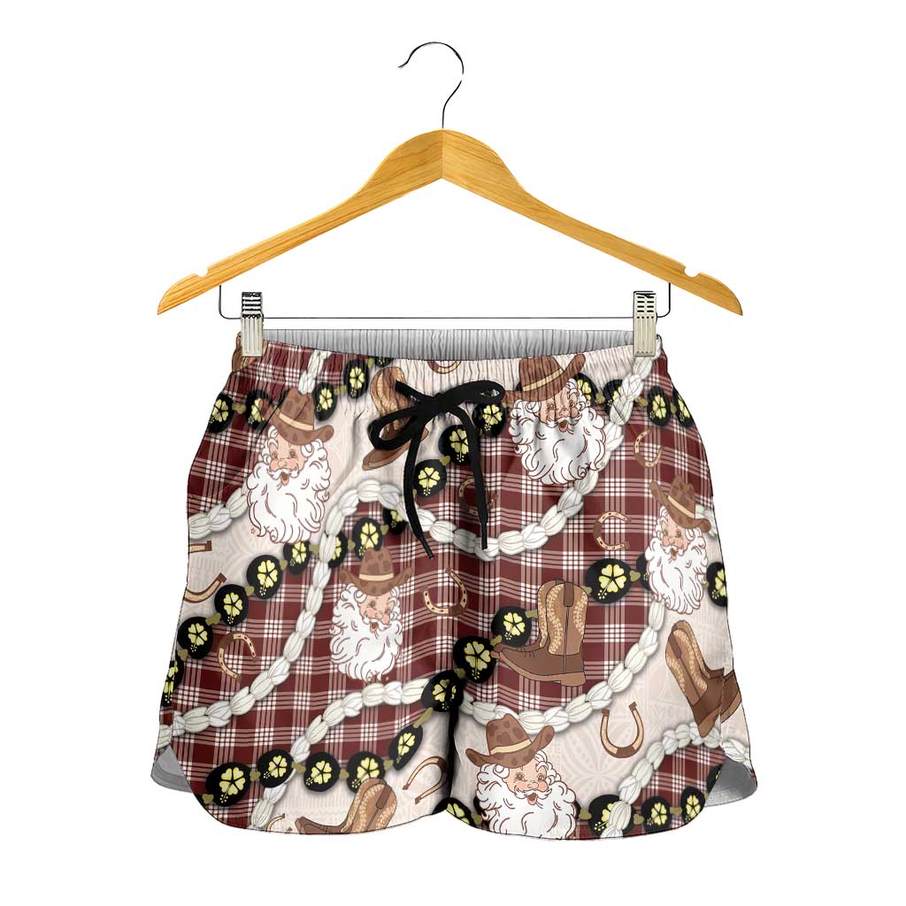 Cowboy Hawaii Mele Kalikimaka Shorts for Women Paniolo Kukui Nut Pikake Lei Burgundy Version LT14 - Polynesian Pride