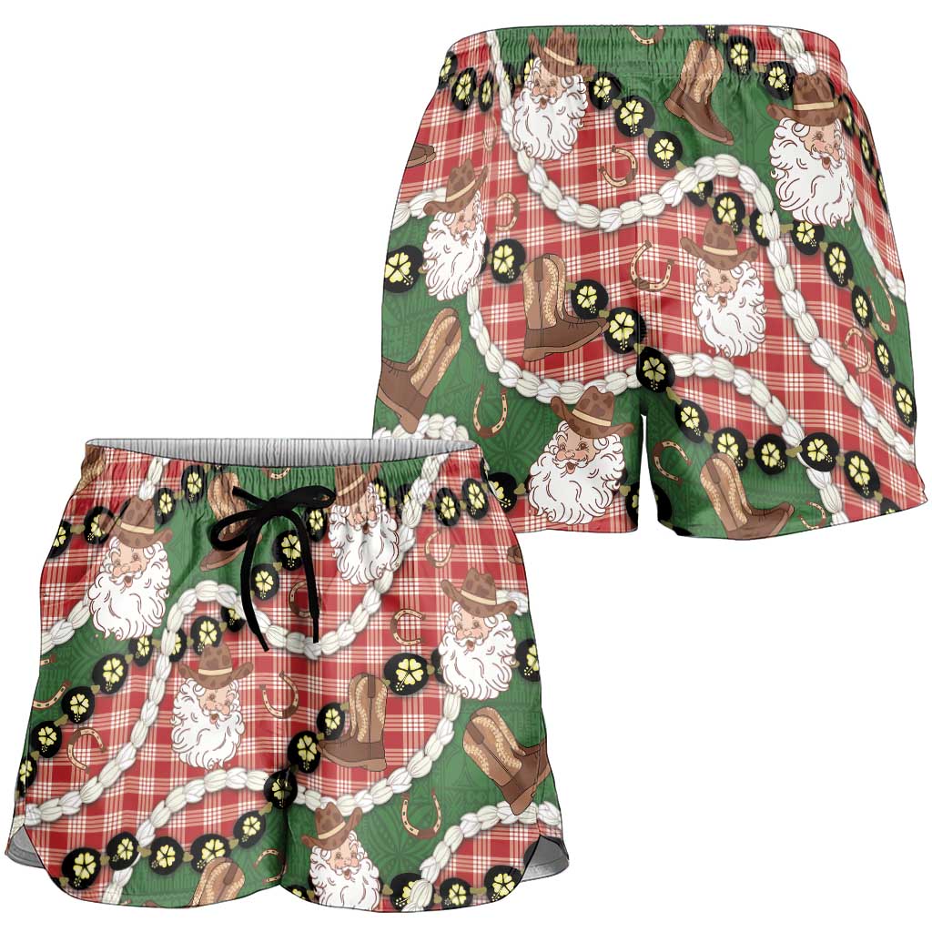 Cowboy Hawaii Mele Kalikimaka Shorts for Women Paniolo Kukui Nut Pikake Lei Red Version - Polynesian Pride