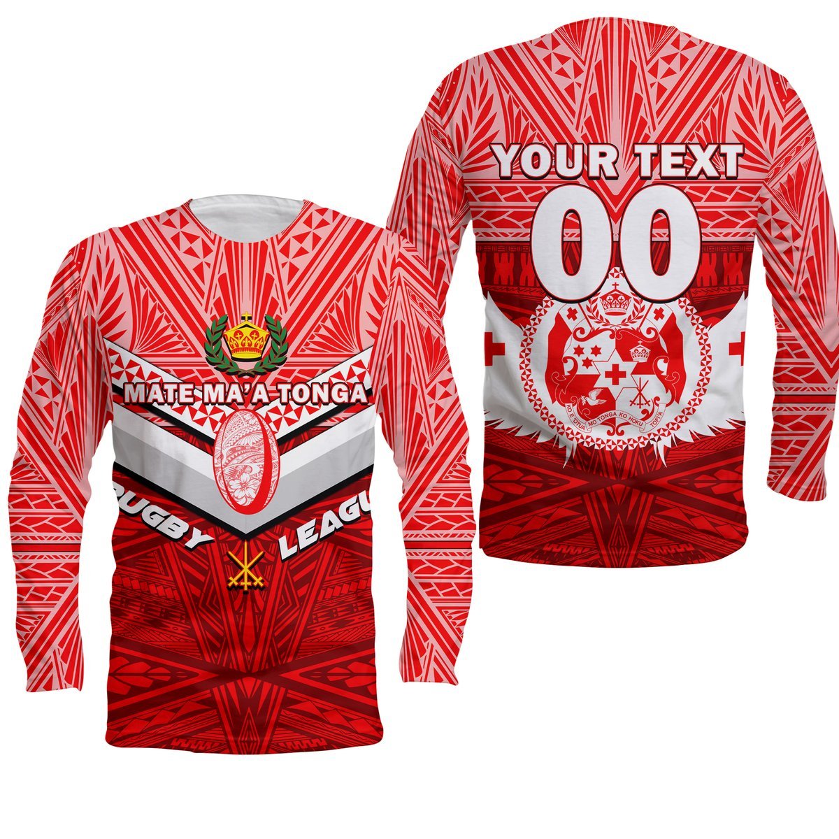 (Custom Personalised) Tonga Rugby Mate Ma'a Tonga Tapa Pattern Long Sleeve Shirt - LT2 Unisex RED - Polynesian Pride