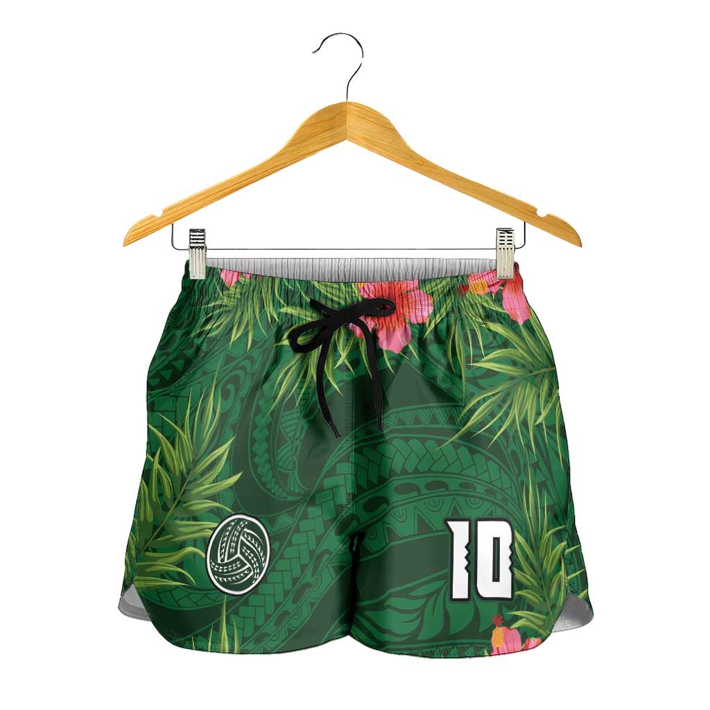 Custom Hawaii Volleyball Shorts for Women Kakau Abstract and Tropical Plants Green Color LT03 - Polynesian Pride