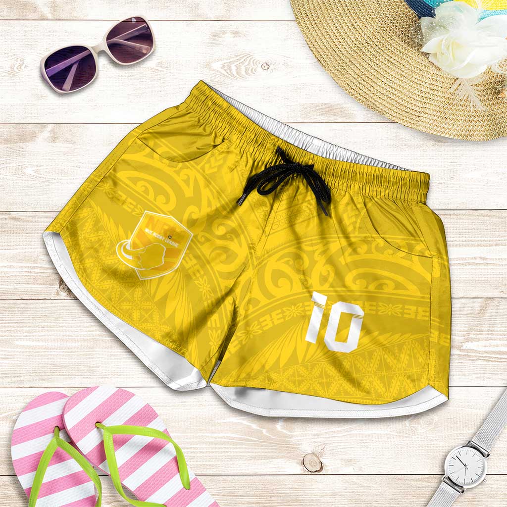 Custom Niue Rugby Shorts for Women Hiapo Tribal Motifs Sporty Style LT03 Yellow - Polynesian Pride