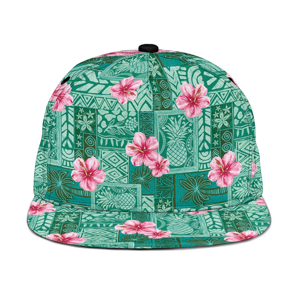 Cyan Hawaii Hibiscus With Tropical Flowers Motifs Snapback Cap LT14 One Size Cyan - Polynesian Pride