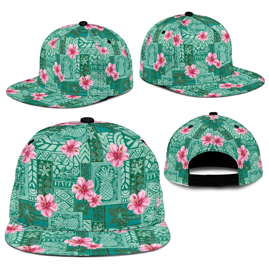 Cyan Hawaii Hibiscus With Tropical Flowers Motifs Snapback Cap LT14 - Polynesian Pride