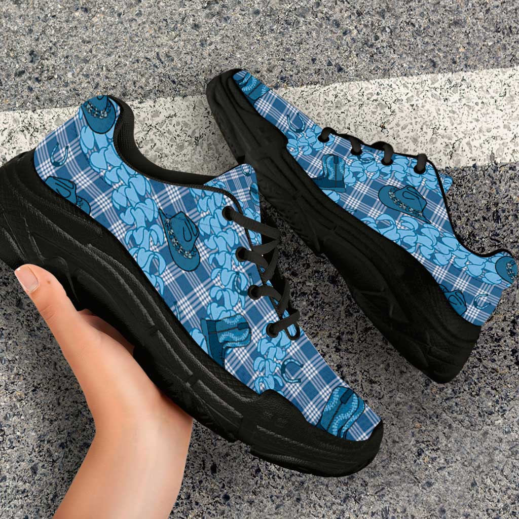 Cyan Palaka Hawaii Cowboy Chunky Sneakers Puakenikeni Lei Paniolo Papale Seamless Vibes LT14 - Polynesian Pride