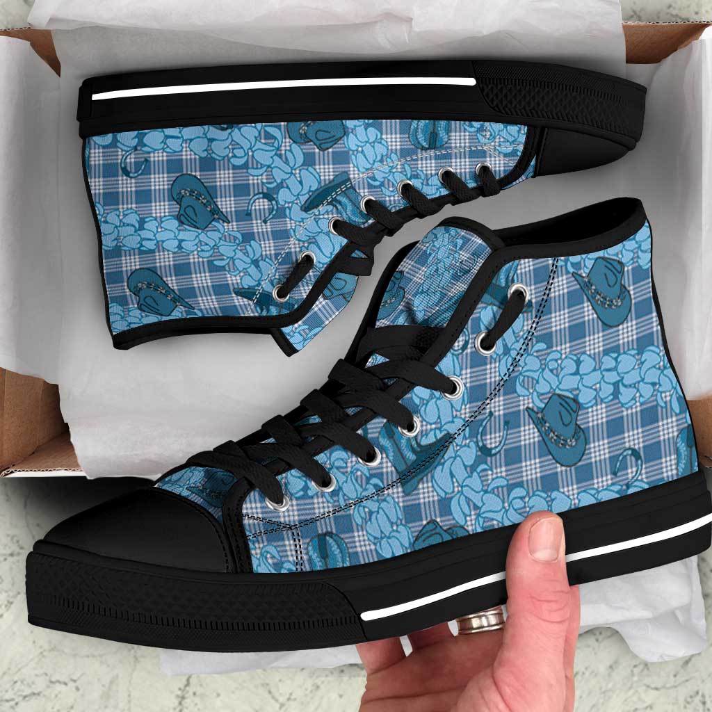 Cyan Palaka Hawaii Cowboy High Top Shoes Puakenikeni Lei Paniolo Papale Seamless Vibes LT14 Cyan - Polynesian Pride