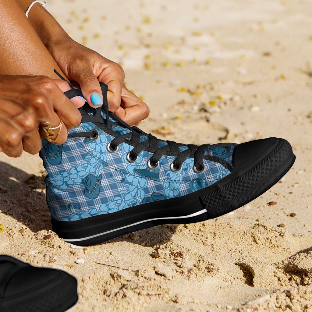Cyan Palaka Hawaii Cowboy High Top Shoes Puakenikeni Lei Paniolo Papale Seamless Vibes LT14 - Polynesian Pride