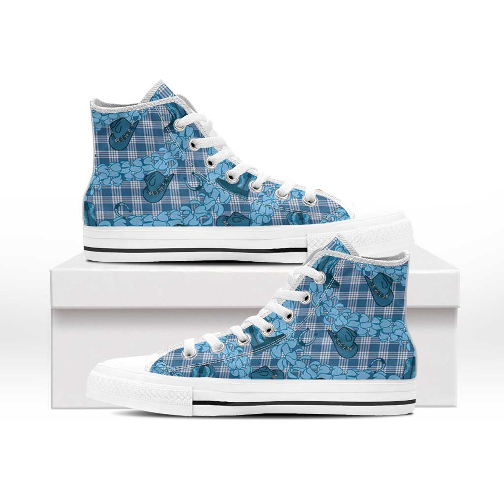 Cyan Palaka Hawaii Cowboy High Top Shoes Puakenikeni Lei Paniolo Papale Seamless Vibes LT14 - Polynesian Pride