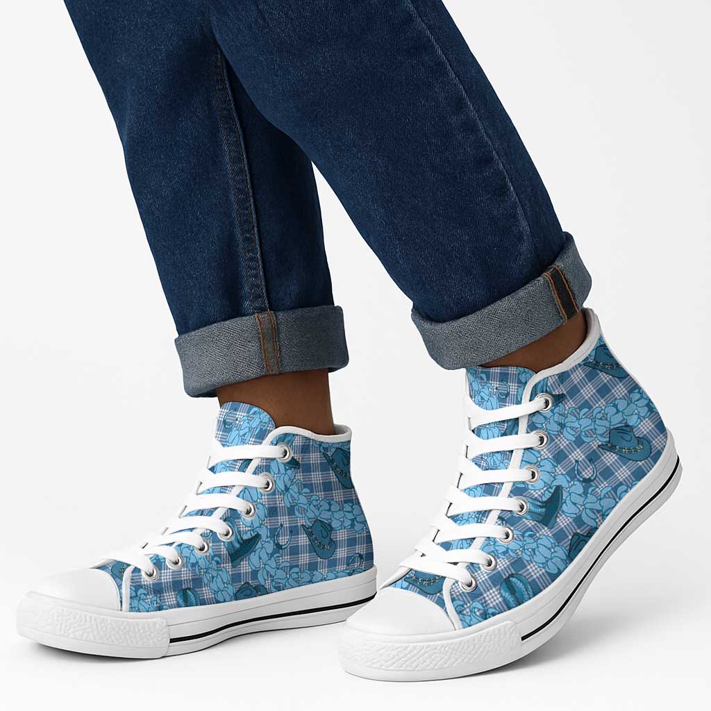 Cyan Palaka Hawaii Cowboy High Top Shoes Puakenikeni Lei Paniolo Papale Seamless Vibes LT14 - Polynesian Pride