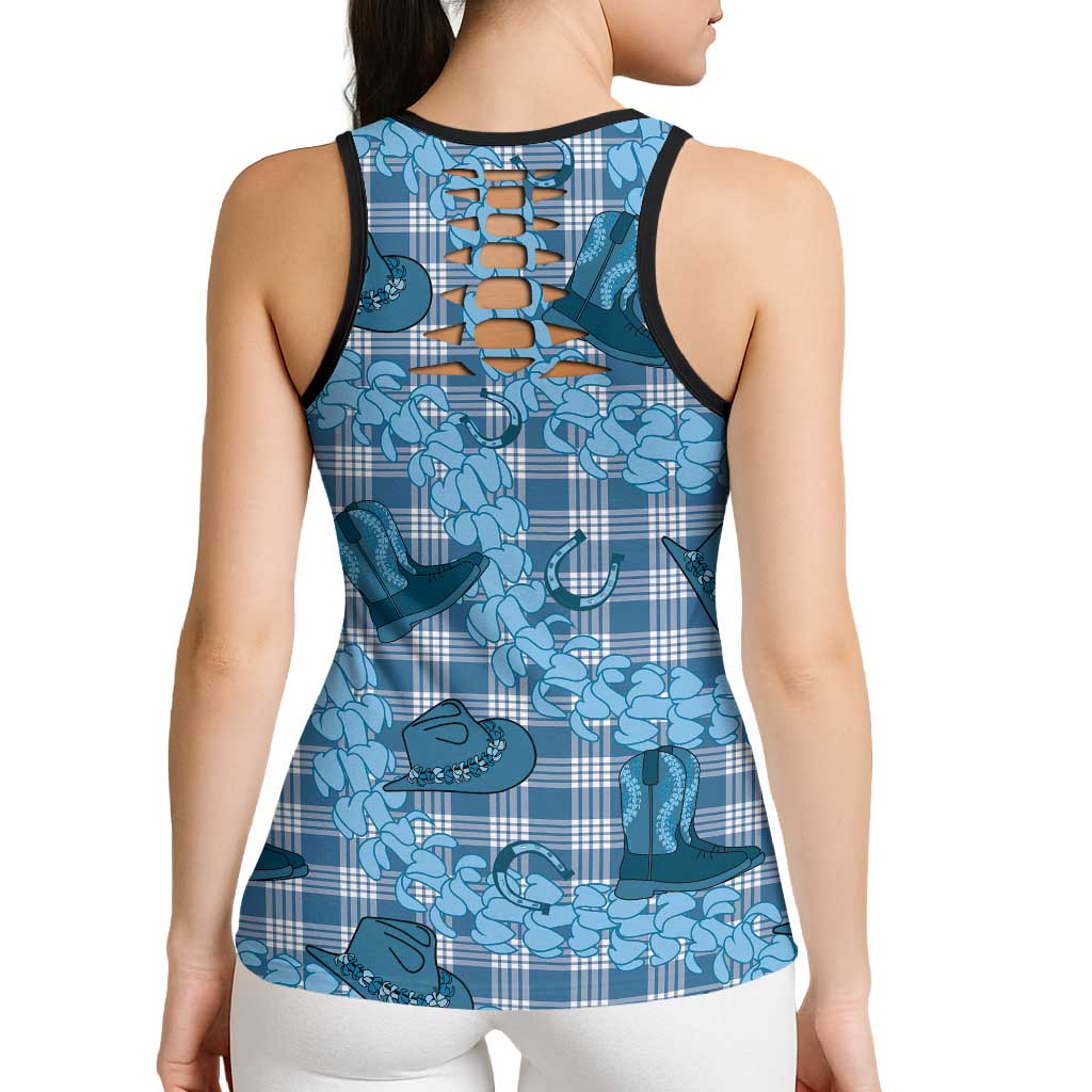 Cyan Palaka Hawaii Cowboy Hollow Tank Top Puakenikeni Lei Paniolo Papale Seamless Vibes LT14 - Polynesian Pride