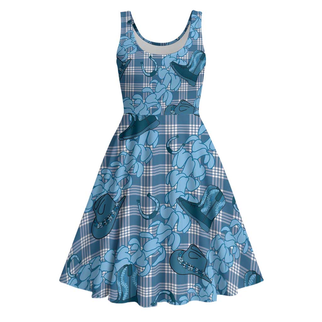 Cyan Palaka Hawaii Cowboy Midi Dress Puakenikeni Lei Paniolo Papale Seamless Vibes LT14 Cyan - Polynesian Pride