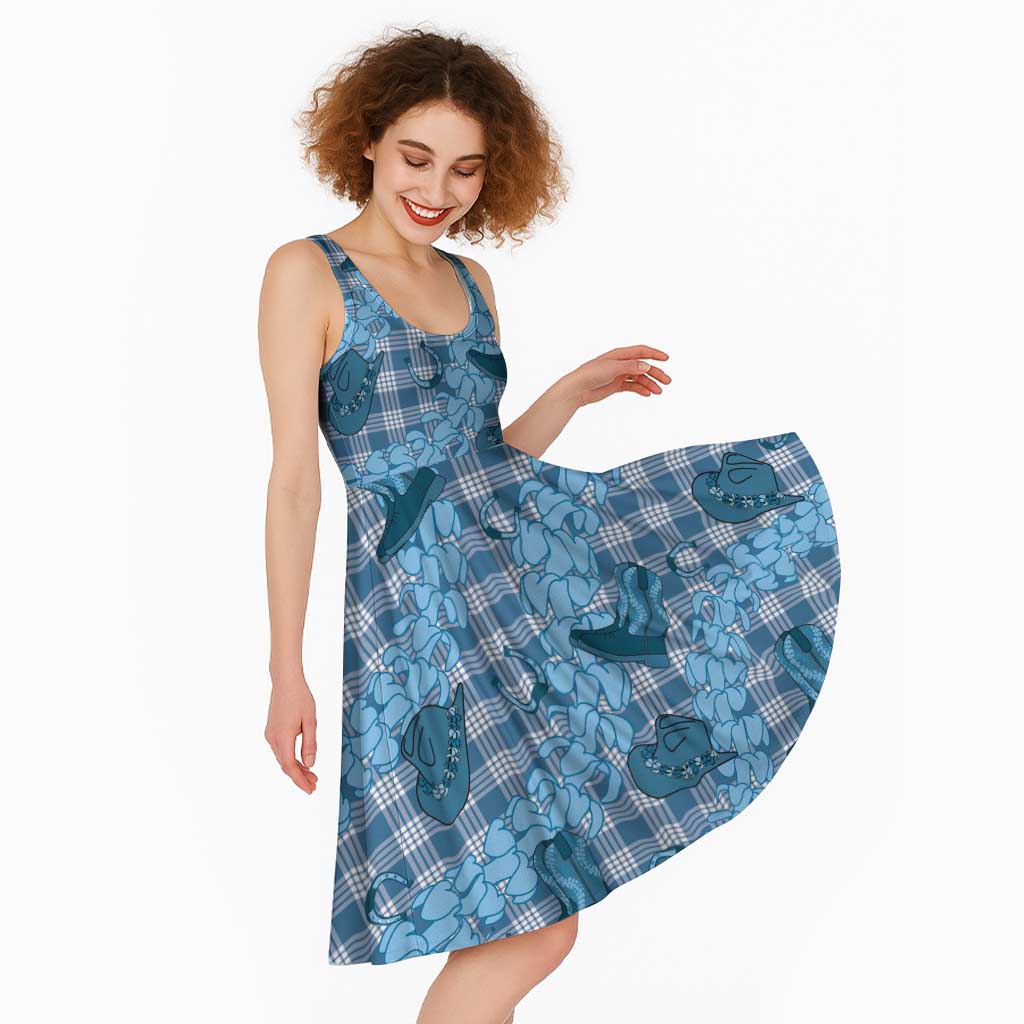 Cyan Palaka Hawaii Cowboy Midi Dress Puakenikeni Lei Paniolo Papale Seamless Vibes LT14 - Polynesian Pride