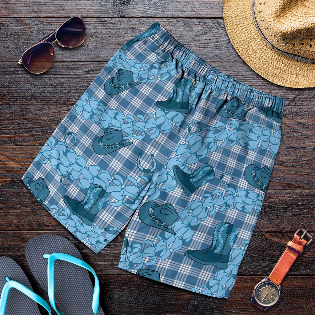 Cyan Palaka Hawaii Cowboy Shorts for Men Puakenikeni Lei Paniolo Papale Seamless Vibes LT14 Cyan - Polynesian Pride