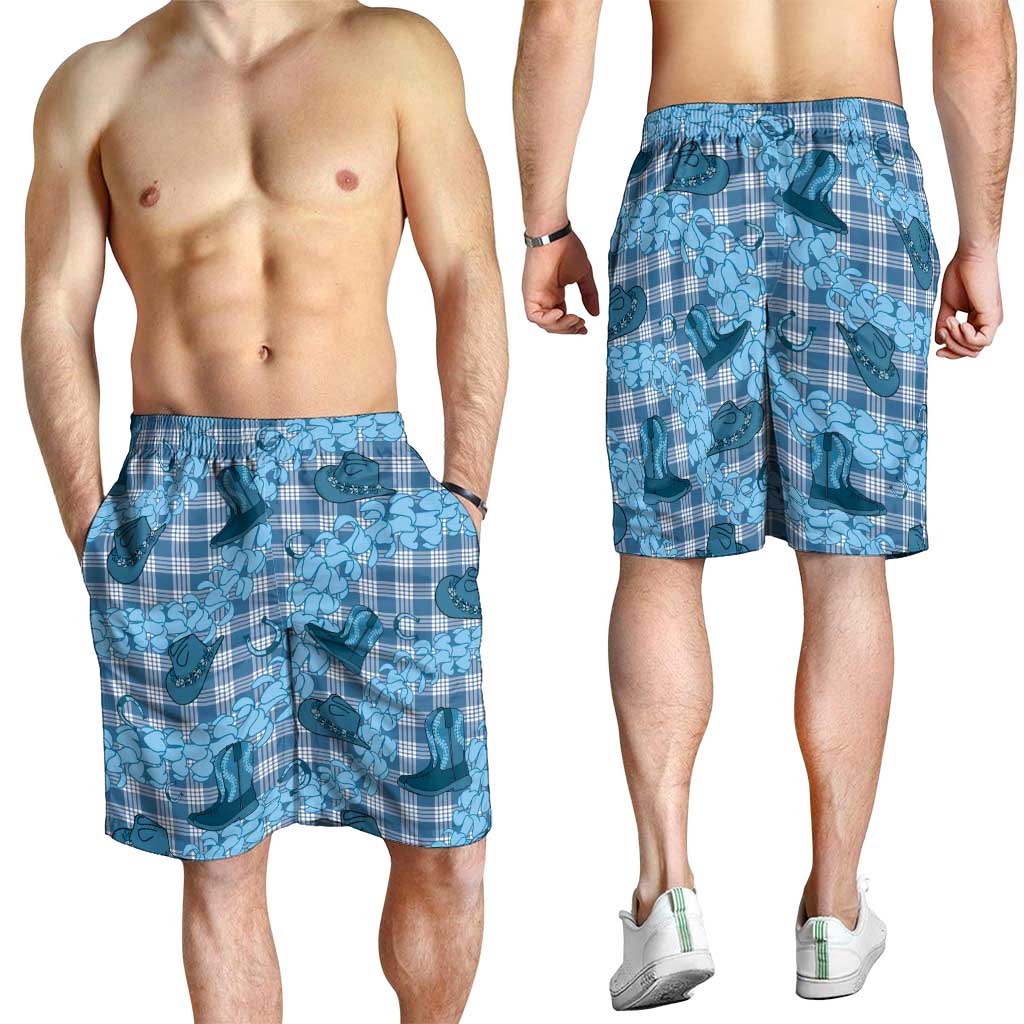 Cyan Palaka Hawaii Cowboy Shorts for Men Puakenikeni Lei Paniolo Papale Seamless Vibes LT14 - Polynesian Pride