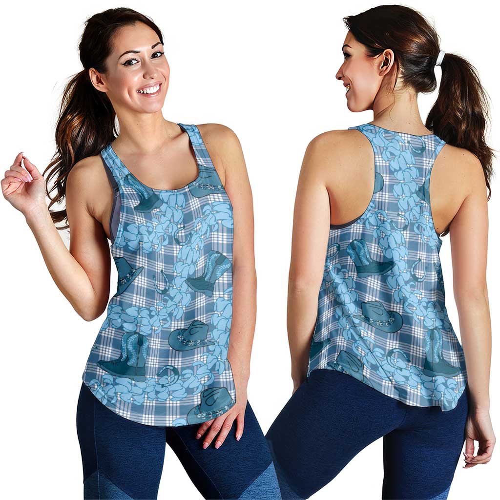 Cyan Palaka Hawaii Cowboy Women Racerback Tank Puakenikeni Lei Paniolo Papale Seamless Vibes LT14 - Polynesian Pride