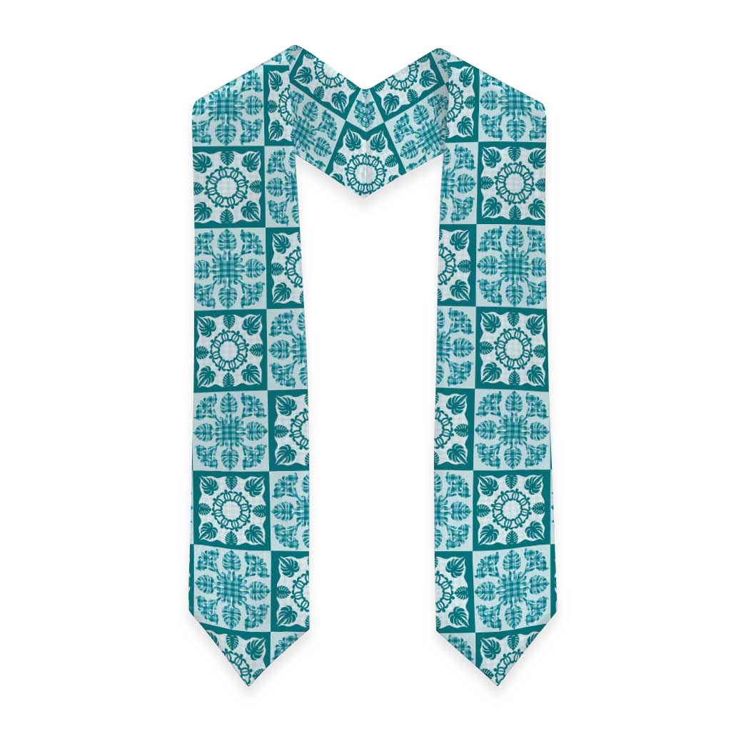 Cyan Palaka Quilt Hawaii Graduation Stole Hawaiian Tropical Monstera Sea Turtle