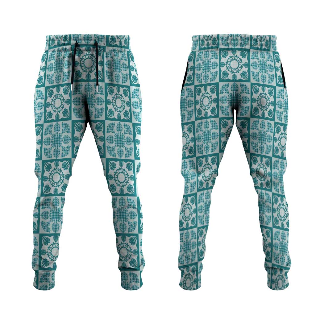 Cyan Palaka Quilt Hawaii Jogger Pants Hawaiian Tropical Monstera Sea Turtle