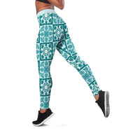 Cyan Palaka Quilt Hawaii Leggings Hawaiian Tropical Monstera Sea Turtle