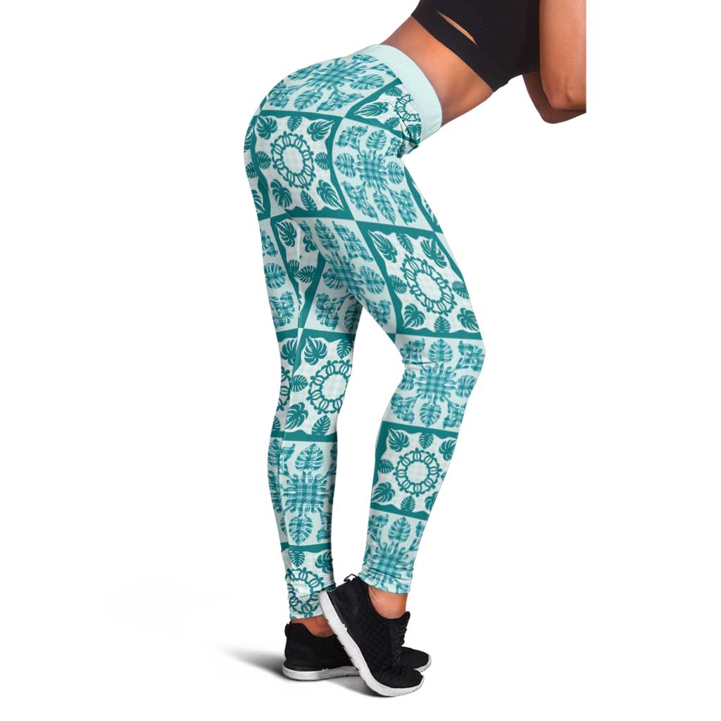 Cyan Palaka Quilt Hawaii Leggings Hawaiian Tropical Monstera Sea Turtle