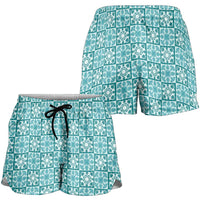 Cyan Palaka Quilt Hawaii Shorts for Women Hawaiian Tropical Monstera Sea Turtle LT14 - Polynesian Pride