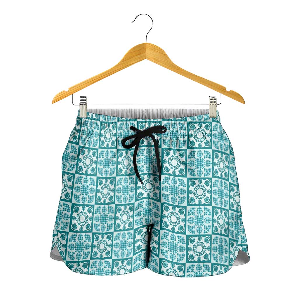 Cyan Palaka Quilt Hawaii Shorts for Women Hawaiian Tropical Monstera Sea Turtle LT14 - Polynesian Pride