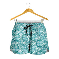 Cyan Palaka Quilt Hawaii Shorts for Women Hawaiian Tropical Monstera Sea Turtle LT14 - Polynesian Pride