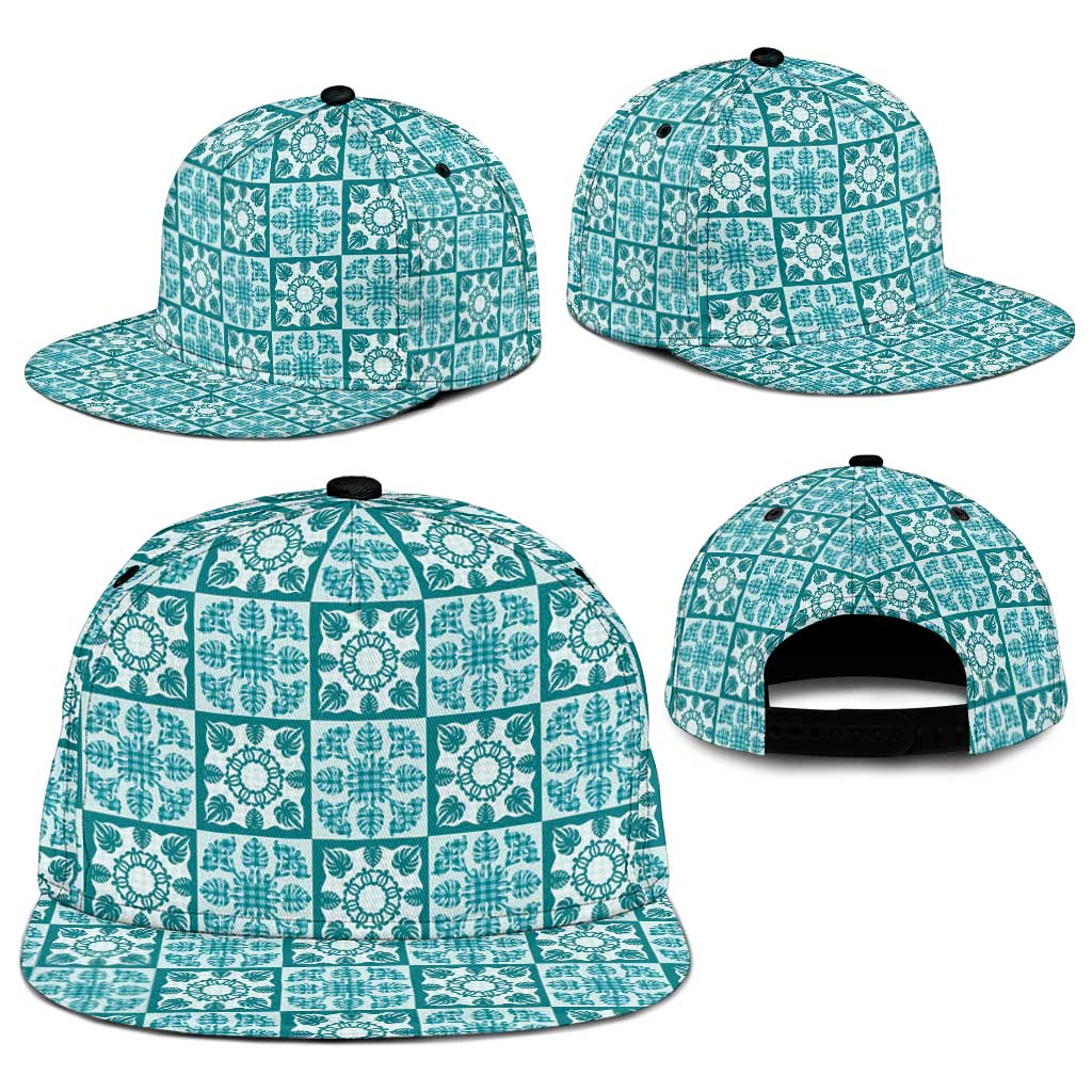 Cyan Palaka Quilt Hawaii Snapback Cap Hawaiian Tropical Monstera Sea Turtle