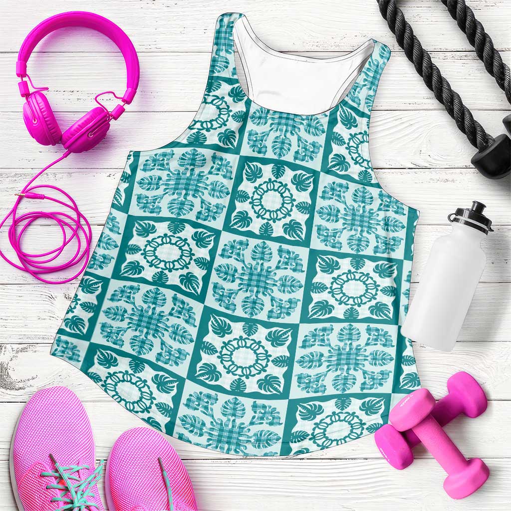 Cyan Palaka Quilt Hawaii Women Racerback Tank Hawaiian Tropical Monstera Sea Turtle LT14 Cyan - Polynesian Pride