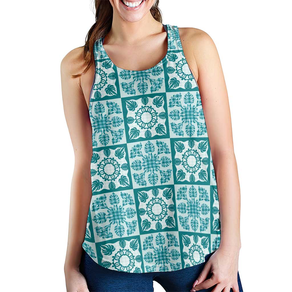 Cyan Palaka Quilt Hawaii Women Racerback Tank Hawaiian Tropical Monstera Sea Turtle LT14 - Polynesian Pride