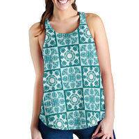 Cyan Palaka Quilt Hawaii Women Racerback Tank Hawaiian Tropical Monstera Sea Turtle LT14 - Polynesian Pride
