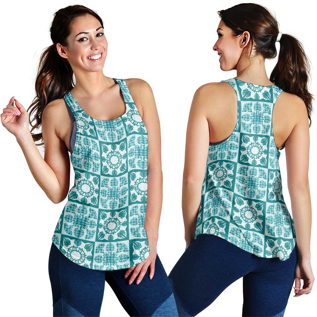 Cyan Palaka Quilt Hawaii Women Racerback Tank Hawaiian Tropical Monstera Sea Turtle LT14 - Polynesian Pride