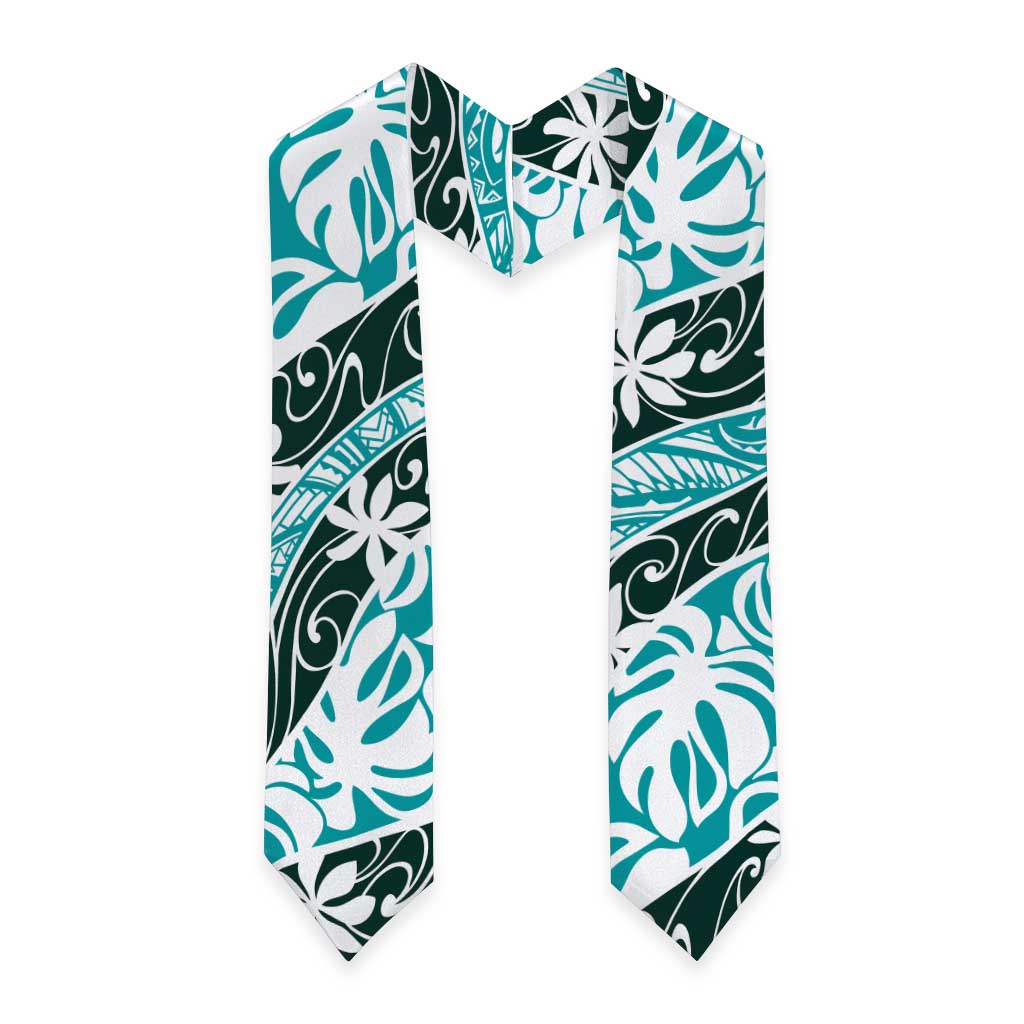 Cyan Tahiti Tiare Monstera Graduation Stole Polynesian Pattern Curve Style