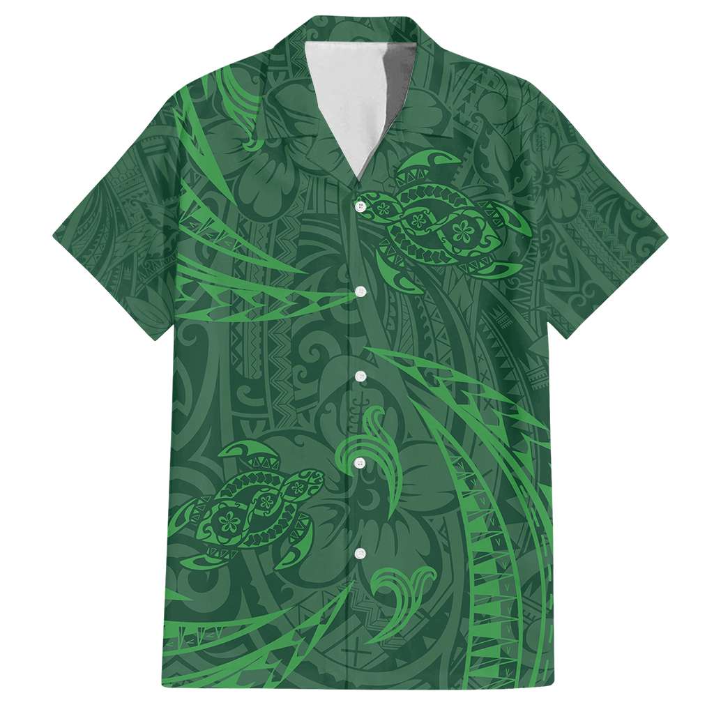 Polynesian Tribal Green Family Matching Off Shoulder Maxi Dress and Hawaiian Shirt Turtle Tattoo LT05 Dad's Shirt - Short Sleeve Green - Polynesian Pride