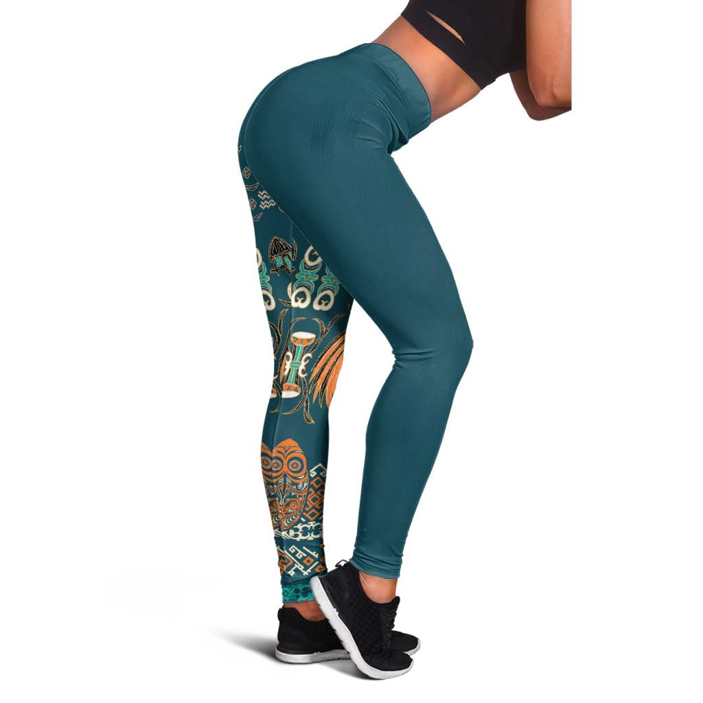 Dark Cyan Blue Batik Papua-inspired Pattern Leggings - Polynesian Pride