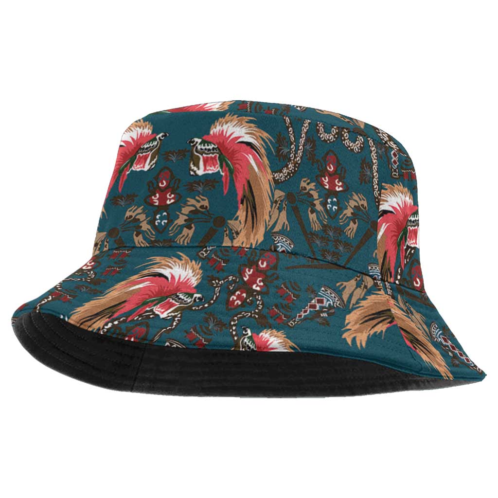 Dark Cyan Blue Bird of Batik Papua Bucket Hat Exotic Natural Wealth of Papua LT9 One Size Blue - Polynesian Pride