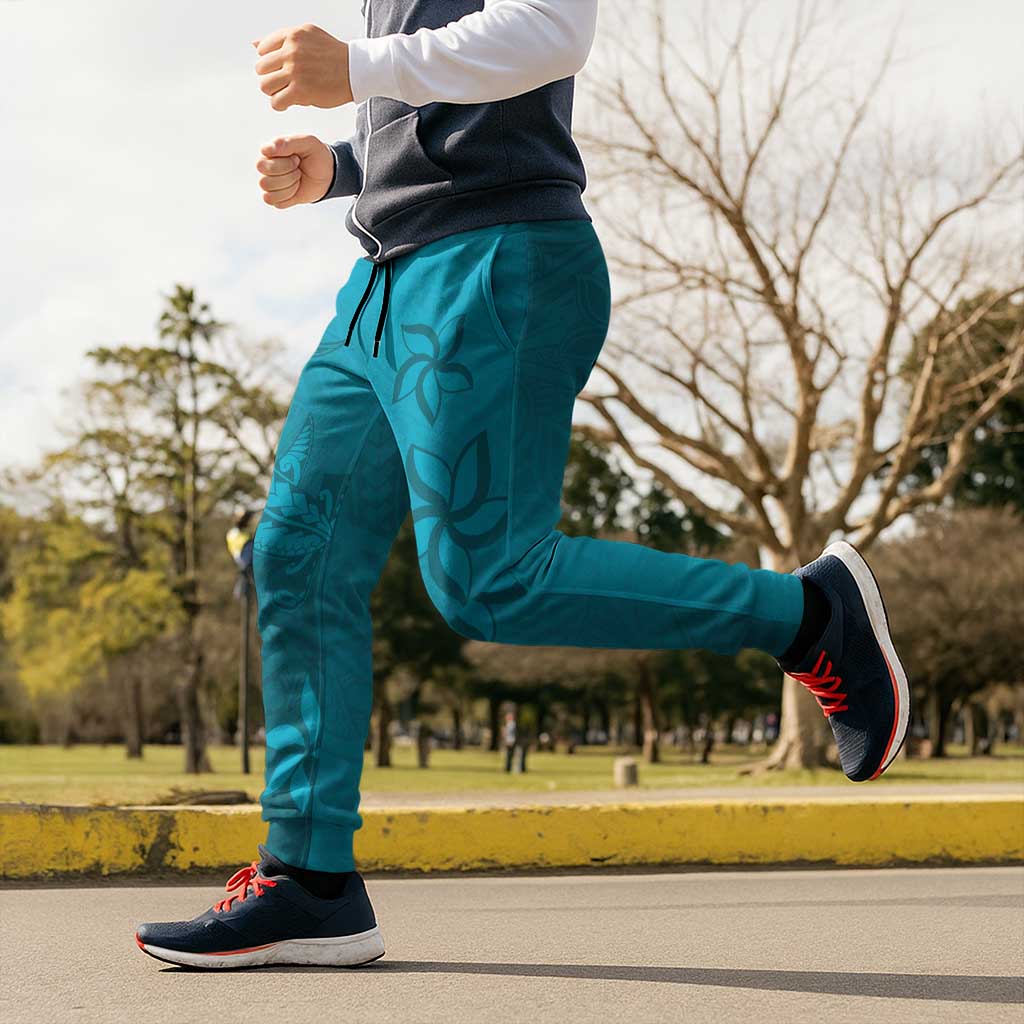 Dark Cyan Gradient Polynesia Jogger Pants Hawaiian Tribal Hammerhead Shark Tattoo - Polynesian Pride