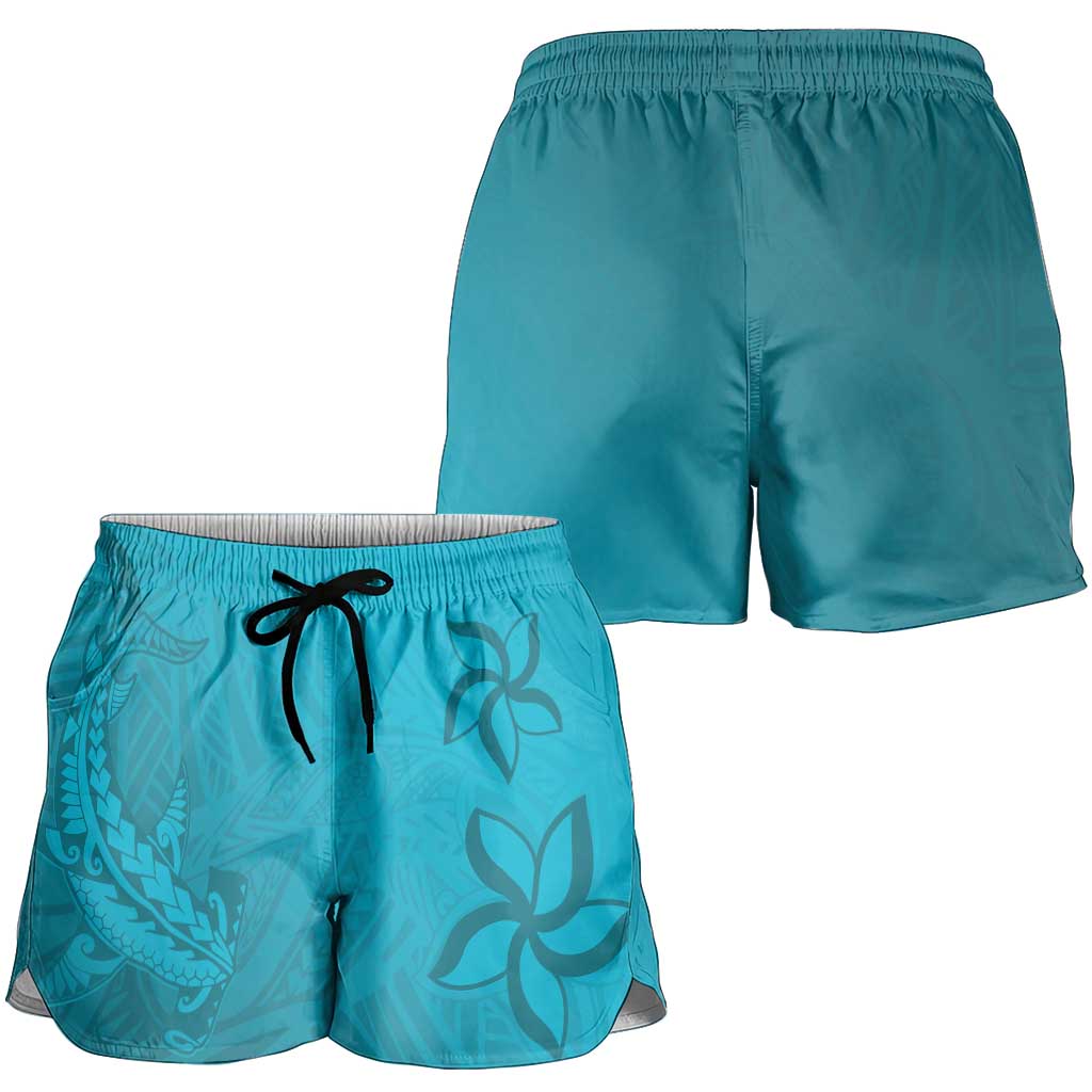Dark Cyan Gradient Polynesia Shorts for Women Hawaiian Tribal Hammerhead Shark Tattoo - Polynesian Pride