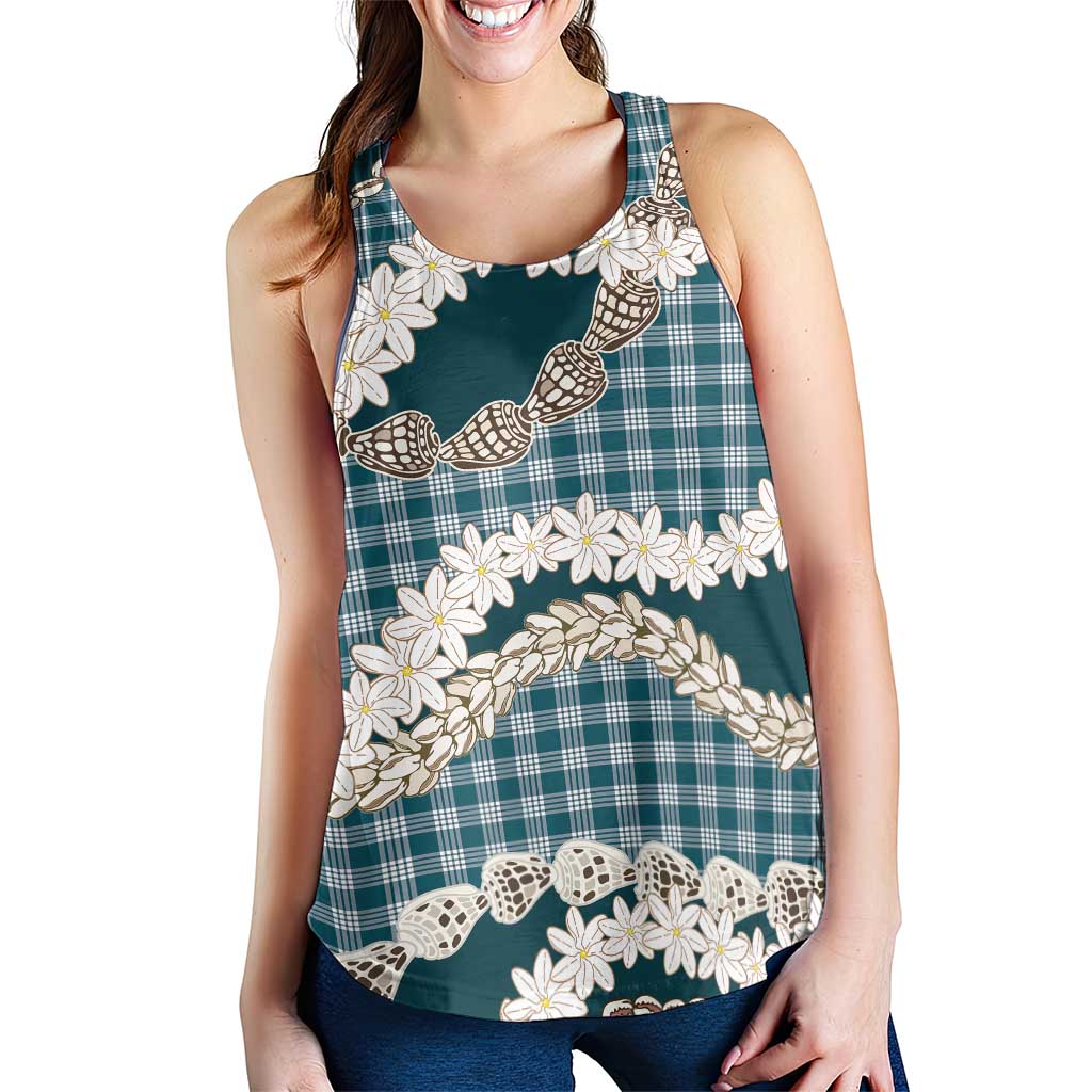 Dark Cyan Hawaii Tiare and Shell Lei Women Racerback Tank Hawaiian Palaka Luxury Vibes LT14 - Polynesian Pride