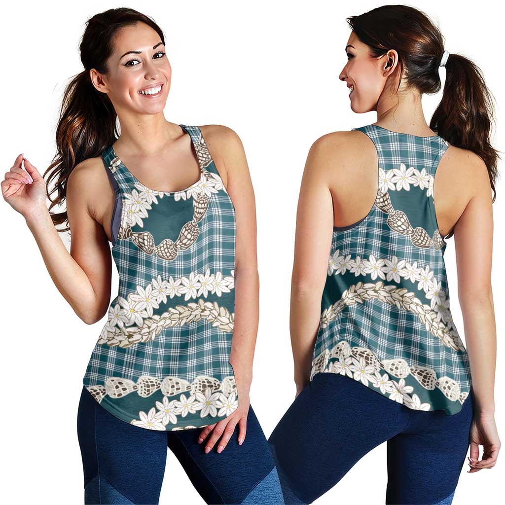Dark Cyan Hawaii Tiare and Shell Lei Women Racerback Tank Hawaiian Palaka Luxury Vibes LT14 - Polynesian Pride
