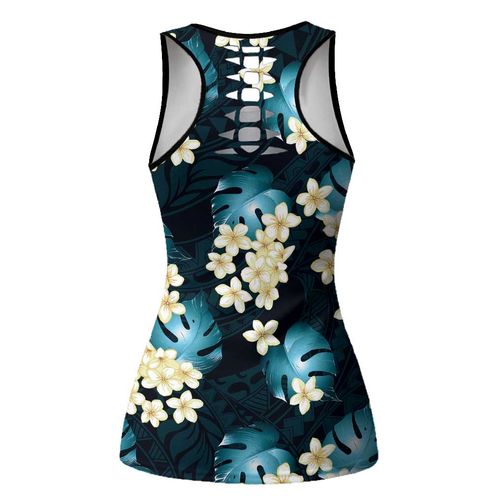 Dark Cyan Tropical Hawaii Hollow Tank Top Seamless Monstera Plumeria Hawaiian Pattern - Polynesian Pride