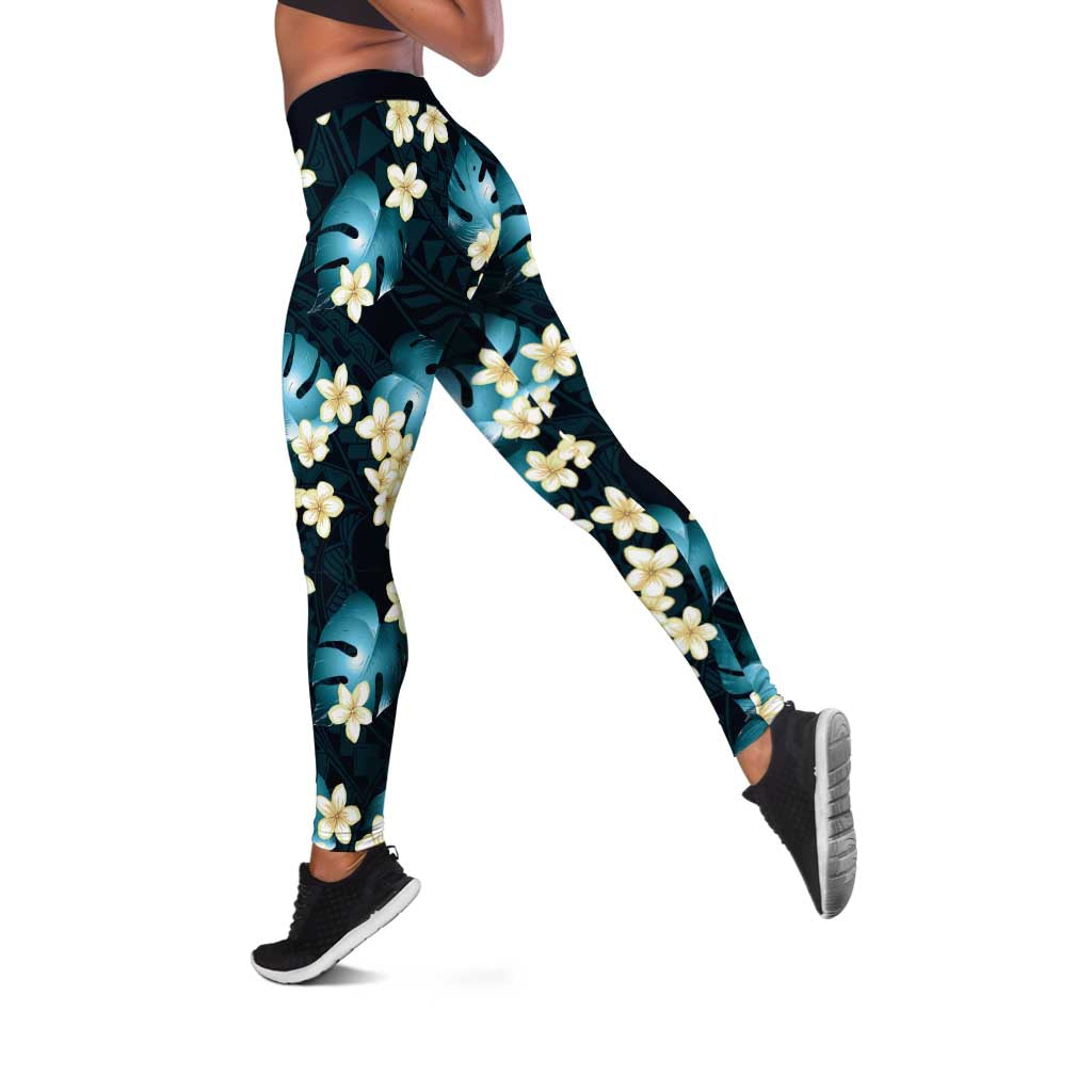 Dark Cyan Tropical Hawaii Leggings Seamless Monstera Plumeria Hawaiian Pattern - Polynesian Pride
