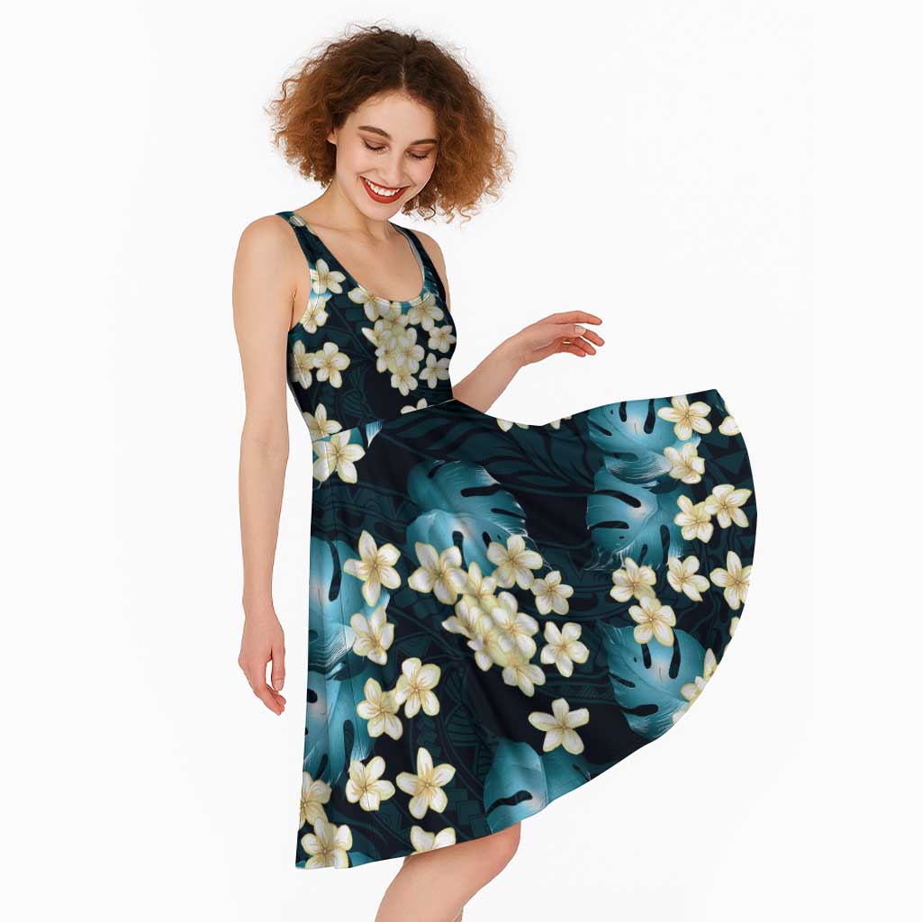 Dark Cyan Tropical Hawaii Midi Dress Seamless Monstera Plumeria Hawaiian Pattern - Polynesian Pride
