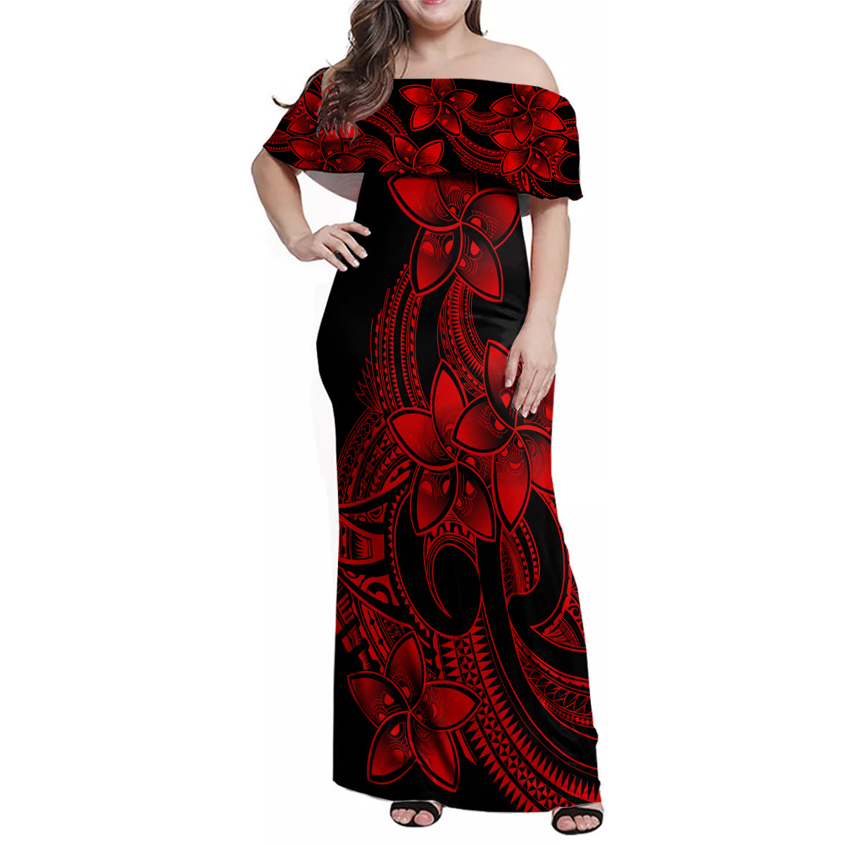 Polynesian Matching Outfit For Family Plumeria Flowers Long Dress Hawaiian Shirt Polynesian Tribal Red Vibe LT9 Mom's Dress - Polynesian Pride