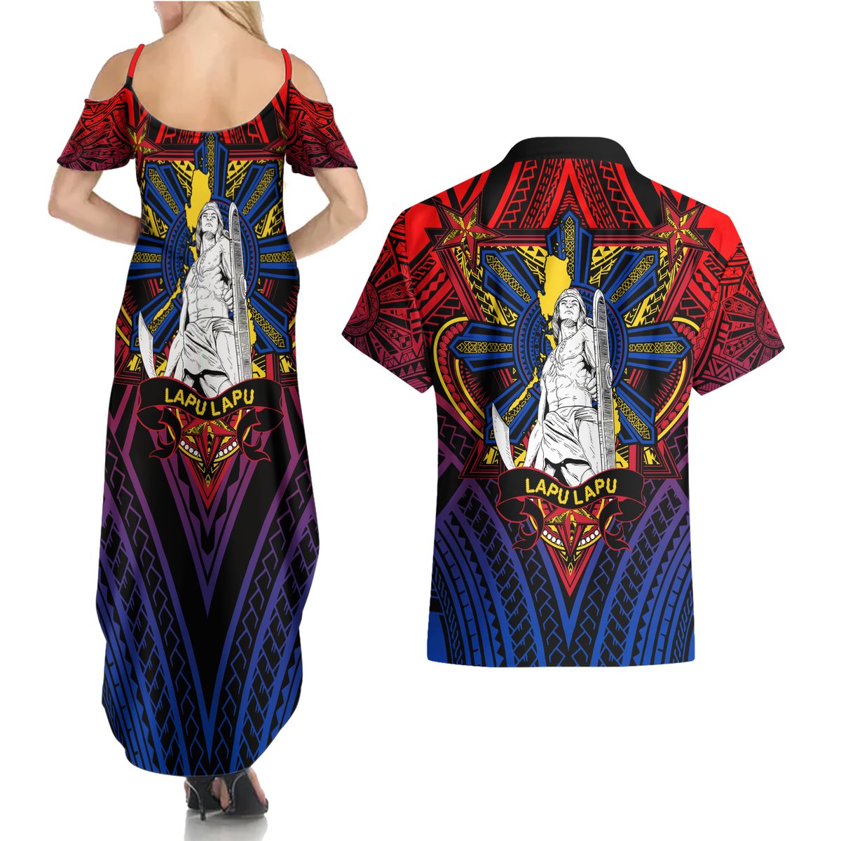 Filipinos Lapu-lapu Hero Couples Matching Summer Maxi Dress and Hawaiian Shirt Philippines Flag and Sun DT02 - Polynesian Pride