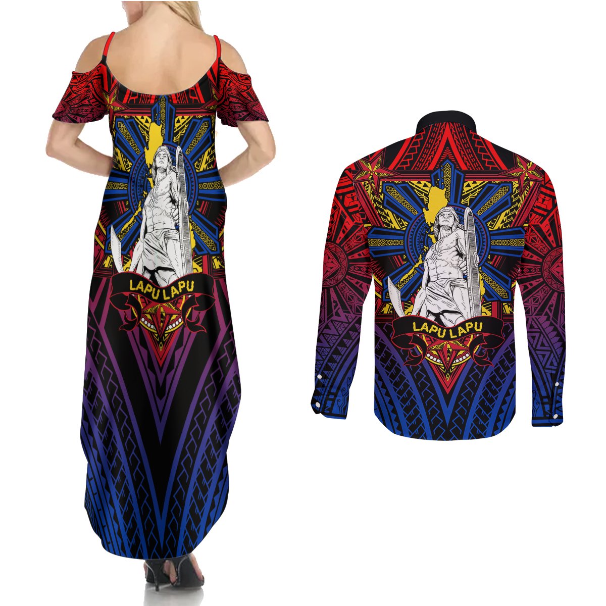Filipinos Lapu-lapu Hero Couples Matching Summer Maxi Dress and Long Sleeve Button Shirt Philippines Flag and Sun DT02 - Polynesian Pride
