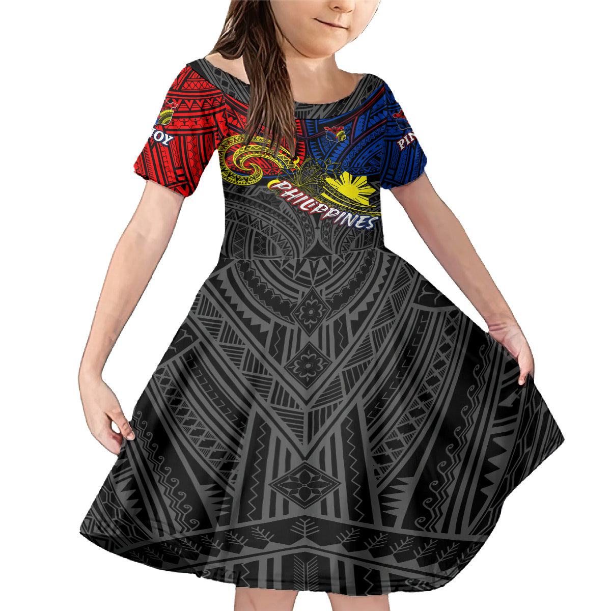 Philippines Half Sleeve Tattoo Family Matching Mermaid Dress and Hawaiian Shirt Pinoy Filipinos Sun DT02 Daughter's Dress Art - Polynesian Pride