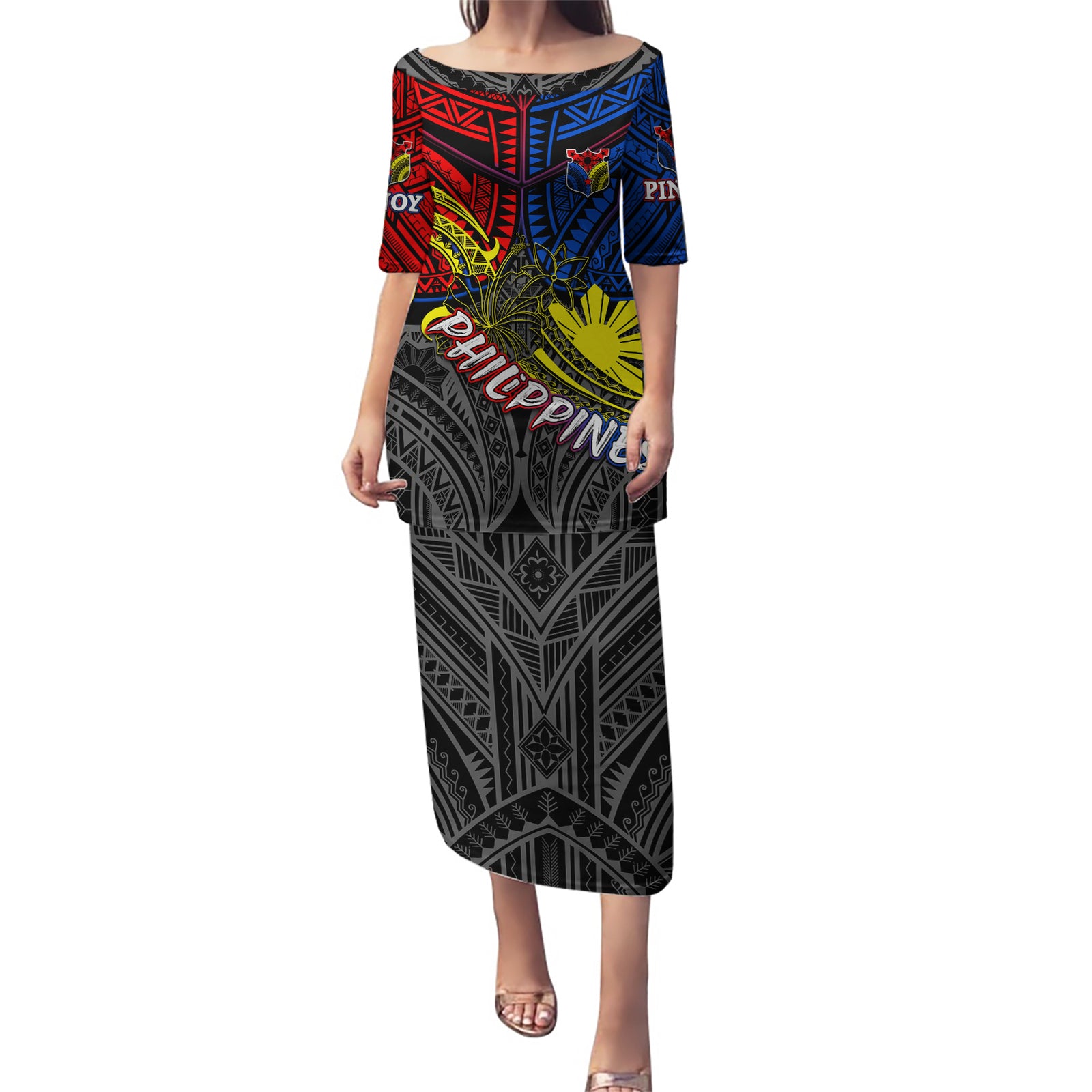Philippines Half Sleeve Tattoo Puletasi Pinoy Filipinos Sun DT02 Long Dress Art - Polynesian Pride
