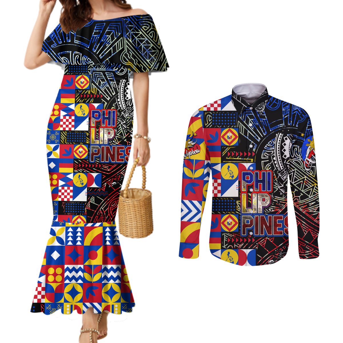 Pinoy Philippines Couples Matching Mermaid Dress and Long Sleeve Button Shirt Filipino Tattoo Art Style DT02 Art - Polynesian Pride
