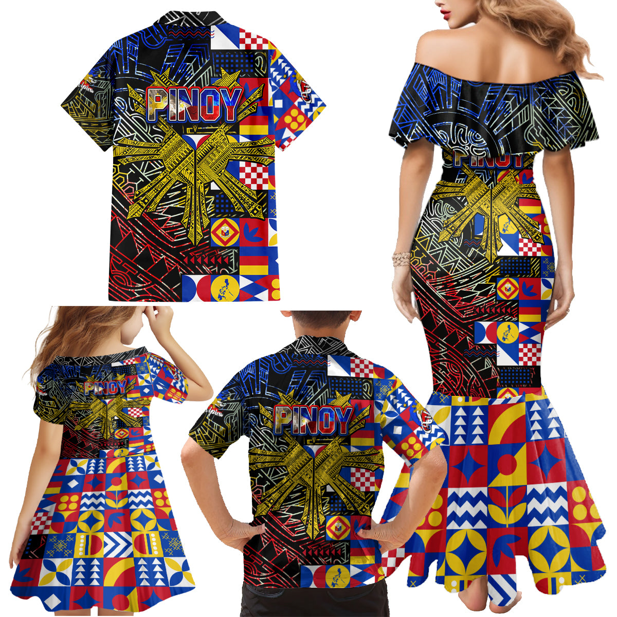 Pinoy Philippines Family Matching Mermaid Dress and Hawaiian Shirt Filipino Tattoo Art Style DT02 - Polynesian Pride
